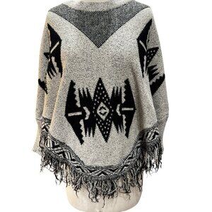 Earthbound Trading Co. Poncho – Black & Gray Southwestern Pattern Fringe Hem